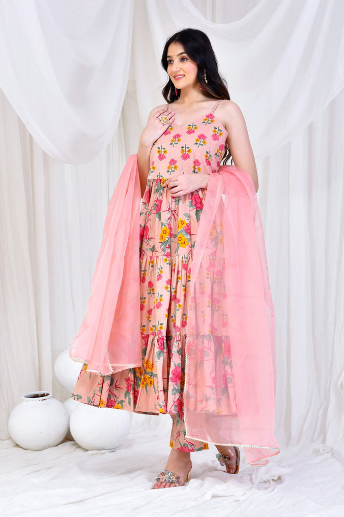 Pale Pink Cotton Anarkali Set With Floral Prints
