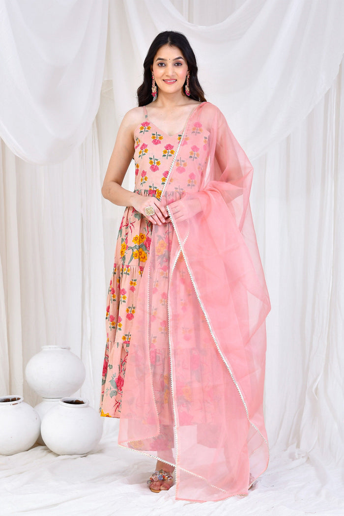 Pale Pink Cotton Anarkali Set With Floral Prints