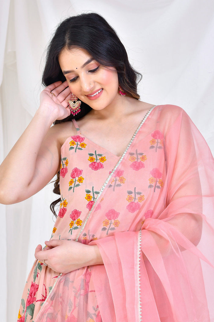 Pale Pink Cotton Anarkali Set With Floral Prints