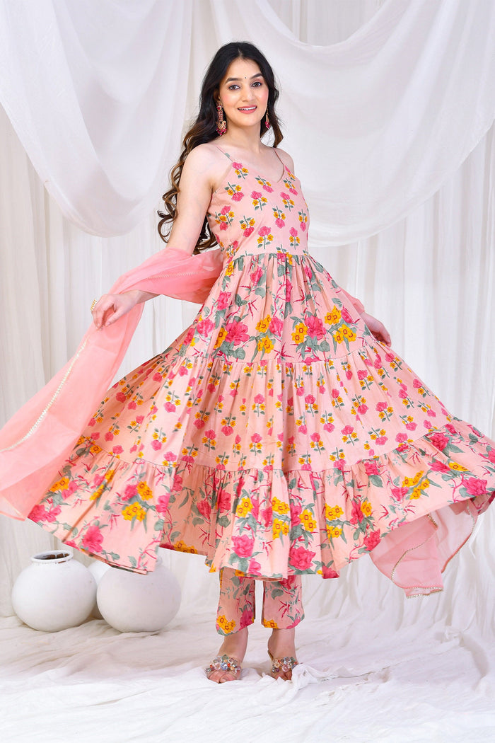 Pale Pink Cotton Anarkali Set With Floral Prints