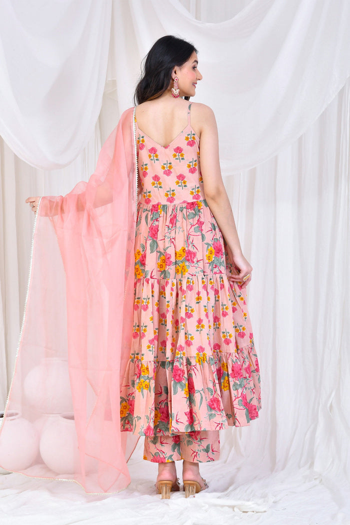 Pale Pink Cotton Anarkali Set With Floral Prints