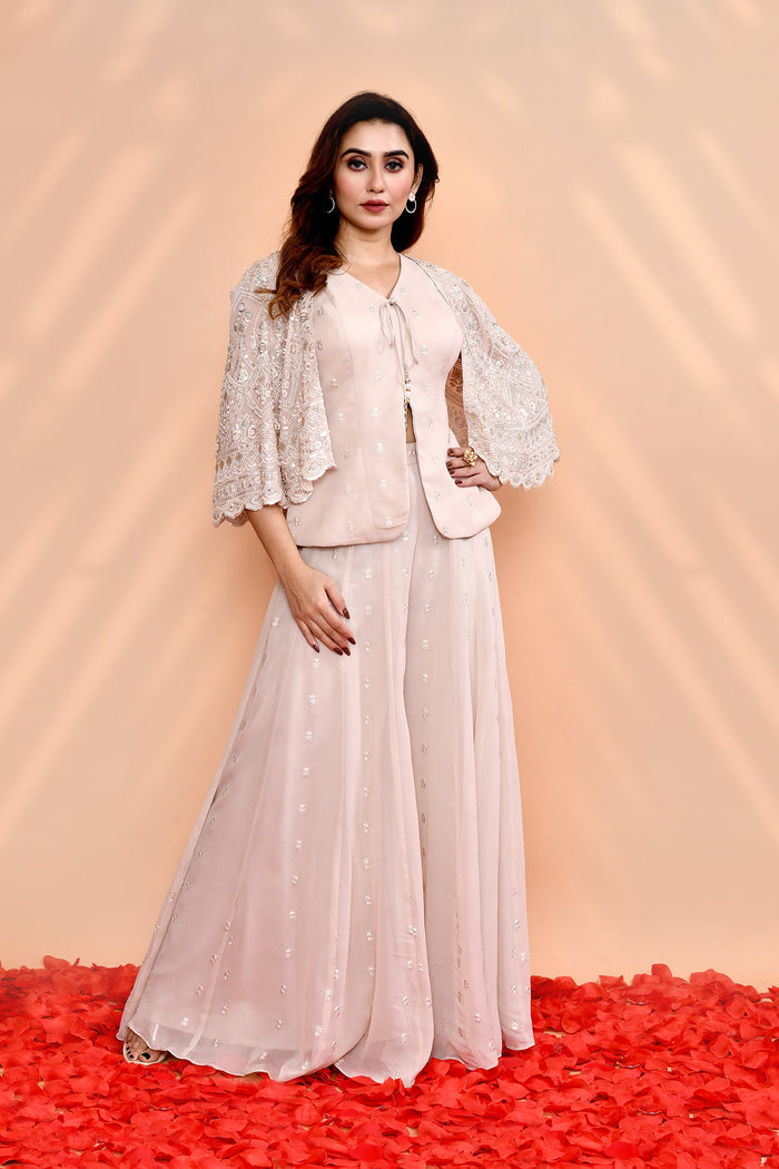 Pale Pink Georgette Floral Indo-Western Set