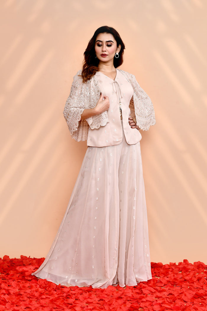 Pale Pink Georgette Floral Indo-Western Set
