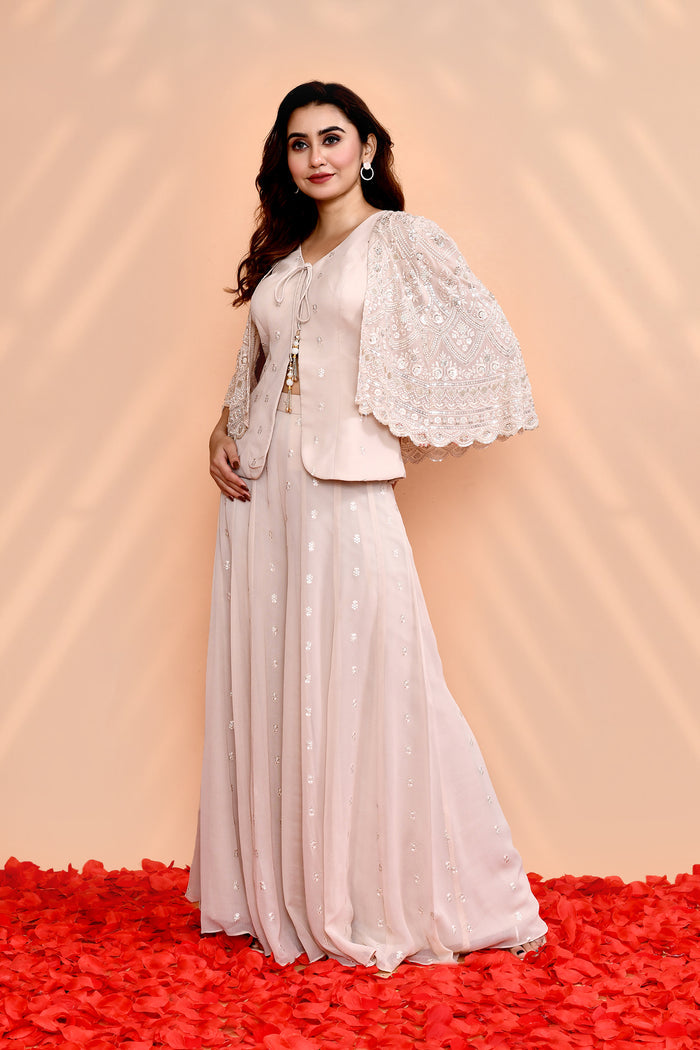 Pale Pink Georgette Floral Indo-Western Set