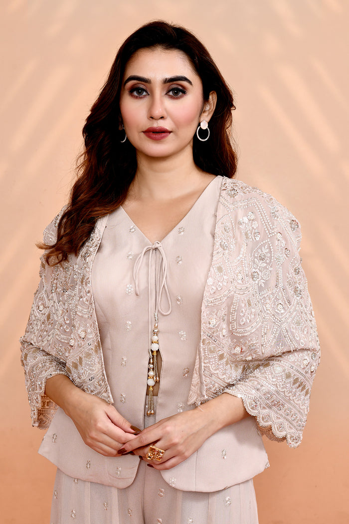 Pale Pink Georgette Floral Indo-Western Set
