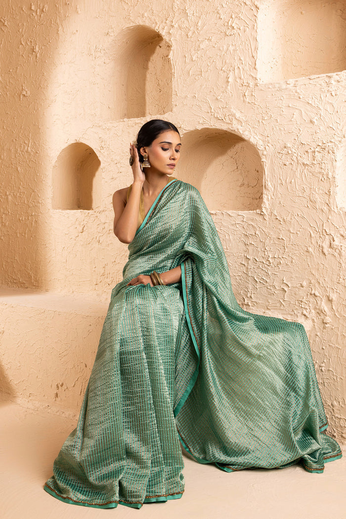 Pale Teal Chanderi Saree With Zari Stripes