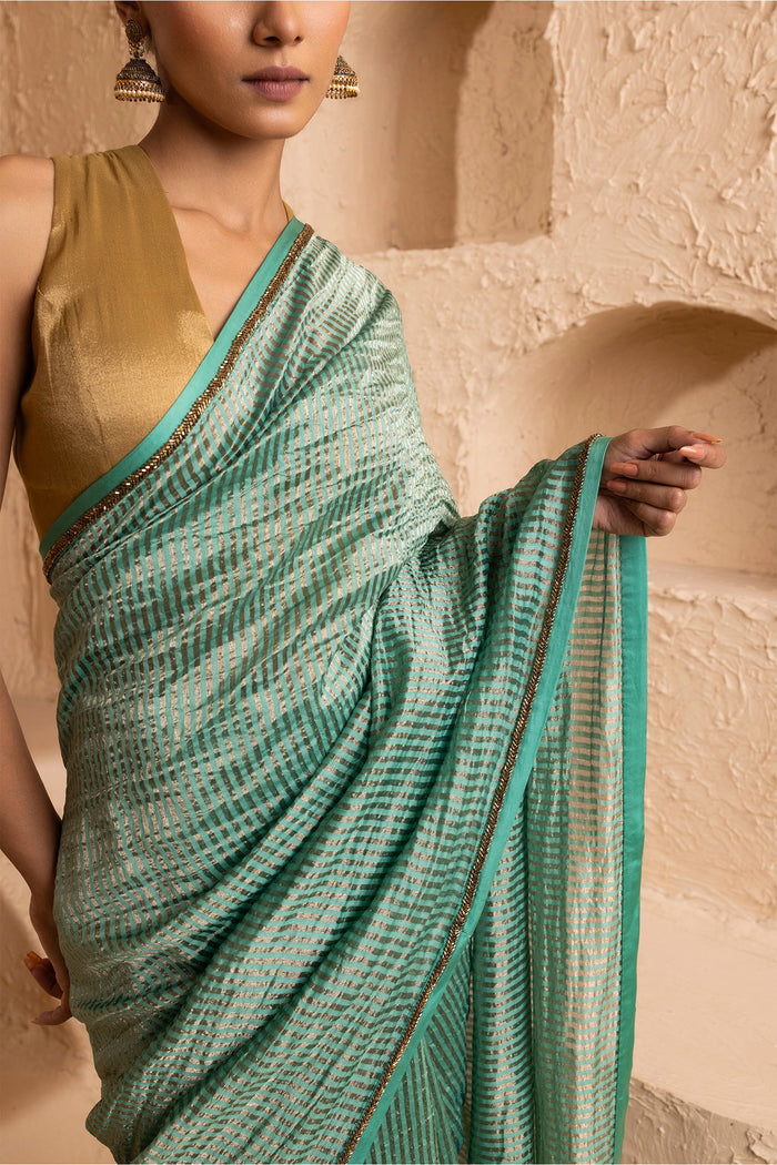Pale Teal Chanderi Saree With Zari Stripes