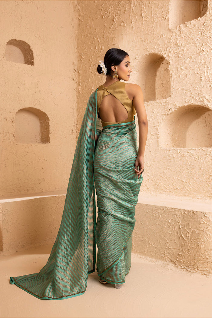 Pale Teal Chanderi Saree With Zari Stripes