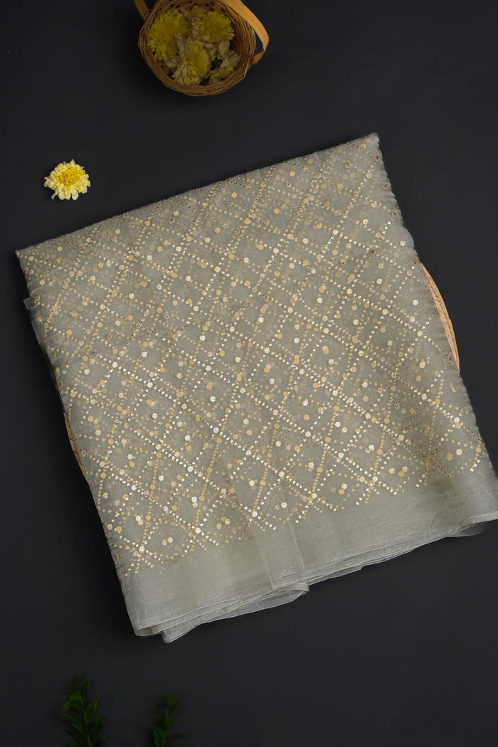 Pale White Foil Printed Organza Saree