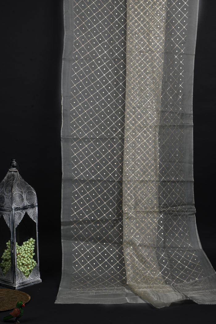 Pale White Foil Printed Organza Saree