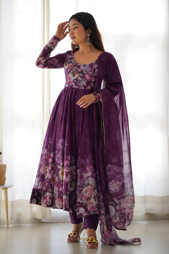 Pale Wine Organza Floral Printed Anarkali Set