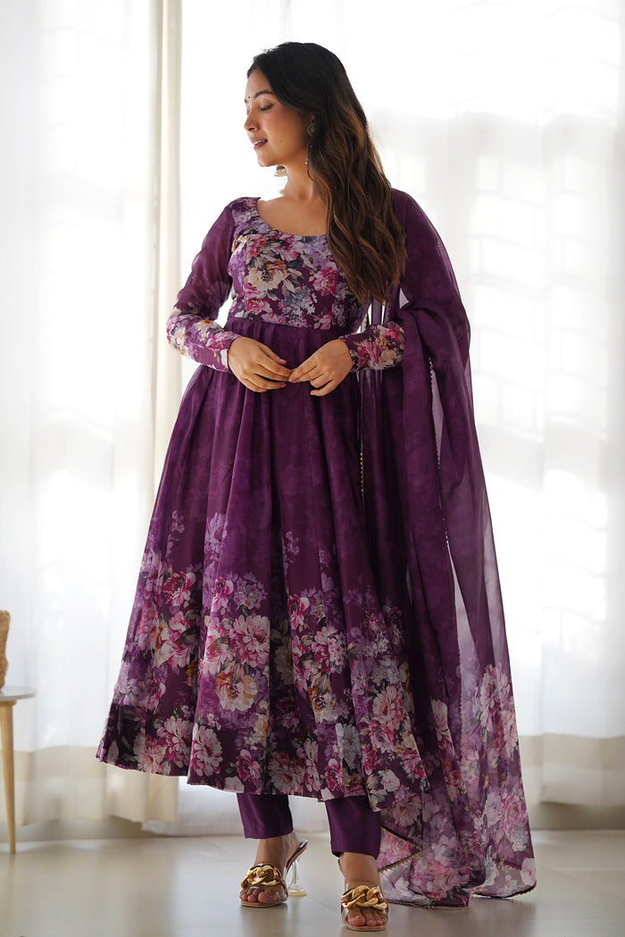 Pale Wine Organza Floral Printed Anarkali Set
