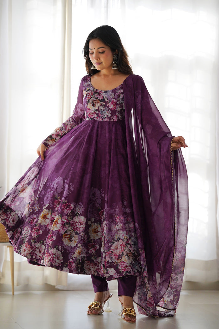 Pale Wine Organza Floral Printed Anarkali Set