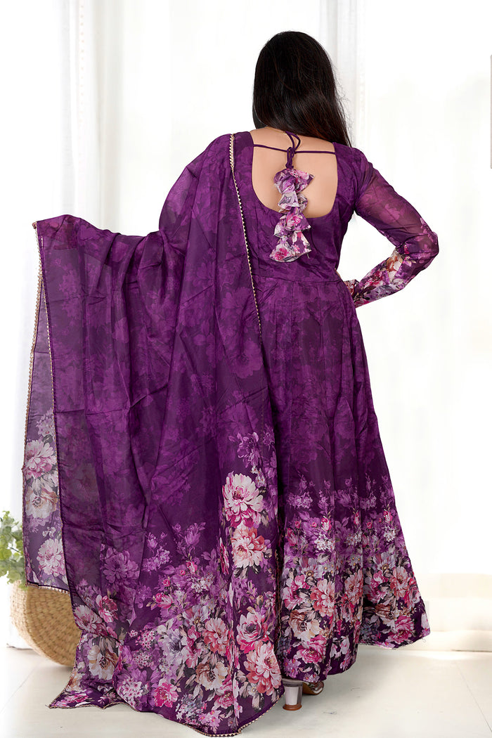 Pale Wine Organza Floral Printed Anarkali Set