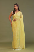 <img> Pale Yellow Organza Embroidery Saree With Scallop Border