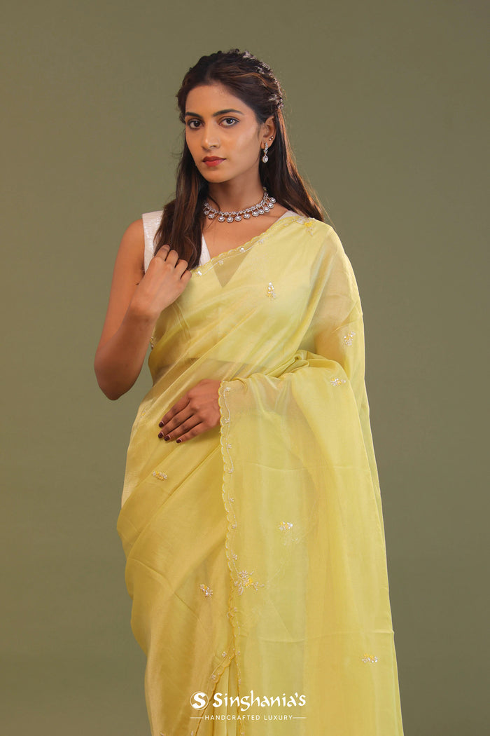 <img> Pale Yellow Organza Embroidery Saree With Scallop Border