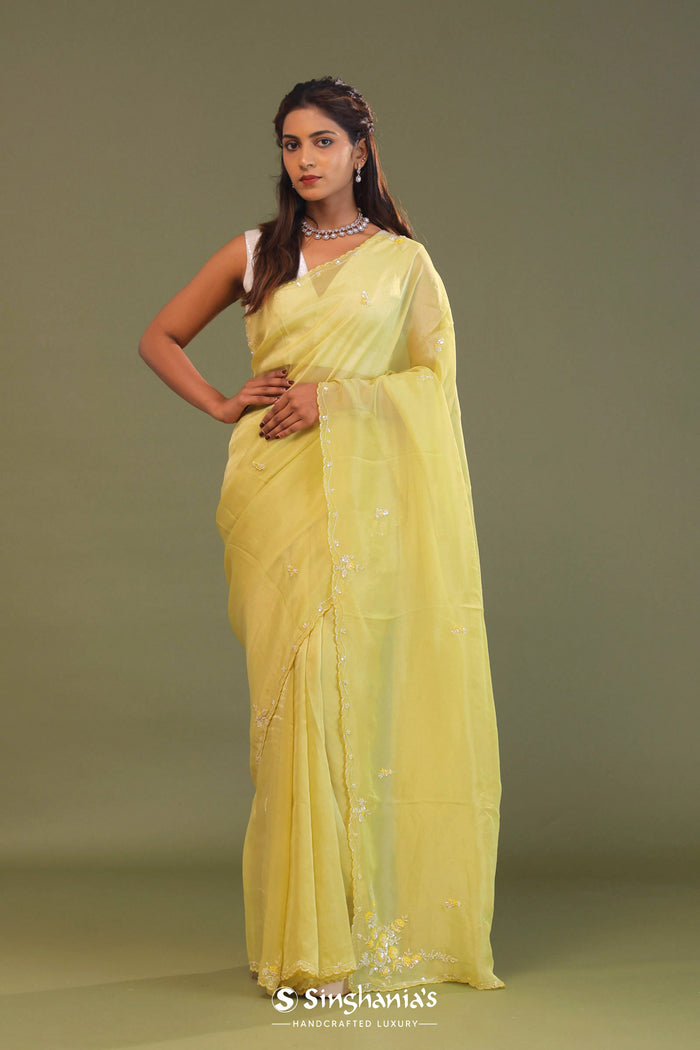 <img> Pale Yellow Organza Embroidery Saree With Scallop Border