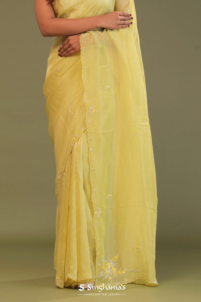 <img> Pale Yellow Organza Embroidery Saree With Scallop Border