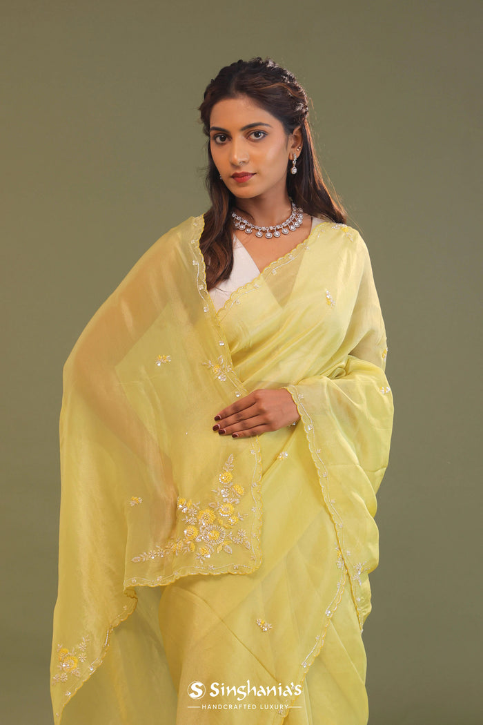 <img> Pale Yellow Organza Embroidery Saree With Scallop Border
