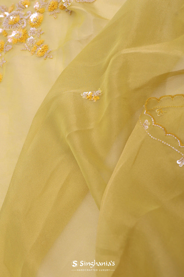 <img> Pale Yellow Organza Embroidery Saree With Scallop Border