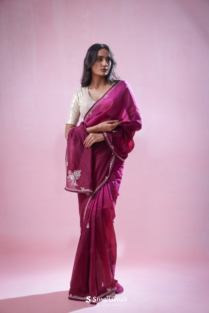 <img> Pansy Purple Organza Saree With Hand Embroidery