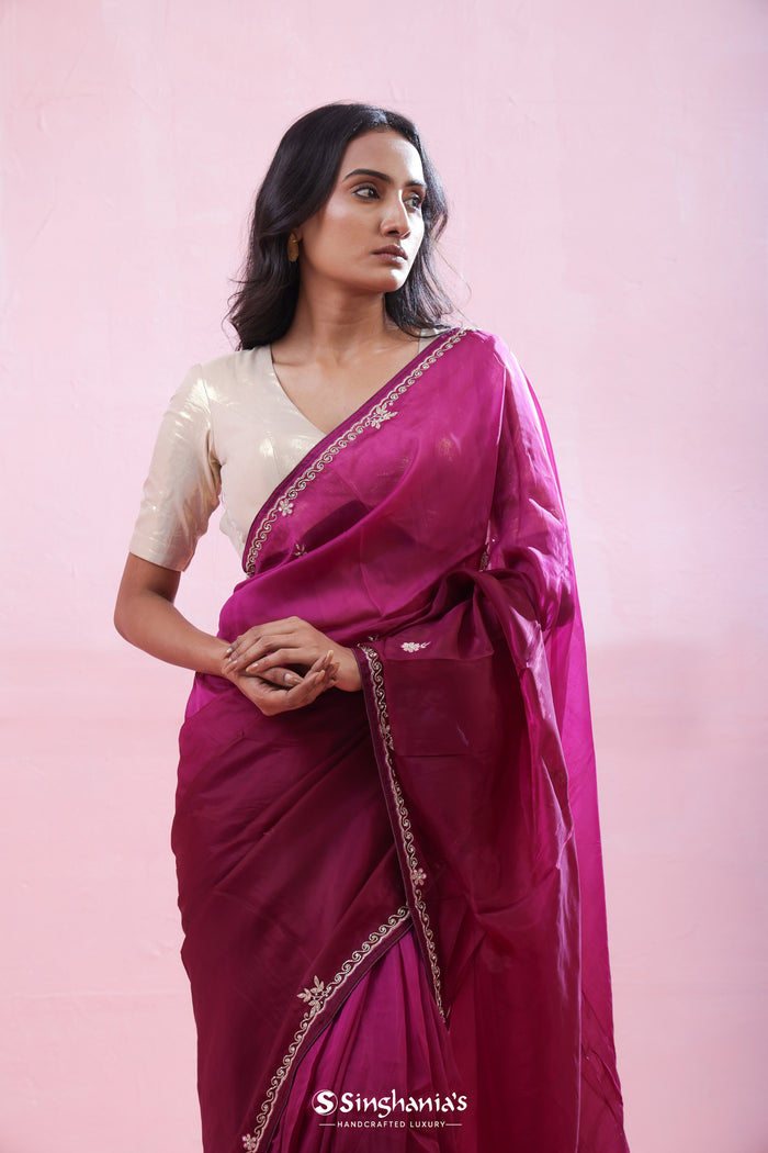 <img>  Pansy Purple Organza Saree With Hand Embroidery
