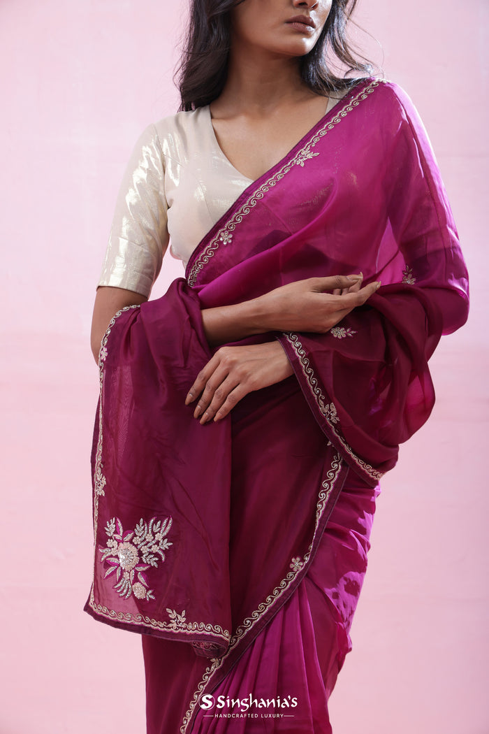 <img> Pansy Purple Organza Saree With Hand Embroidery