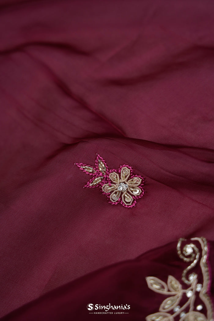 <img> Pansy Purple Organza Saree With Hand Embroidery