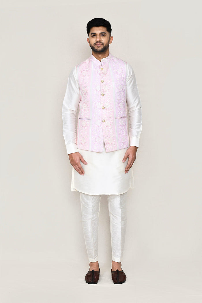 Paper White Art Silk Kurta Set With Pink Jacket