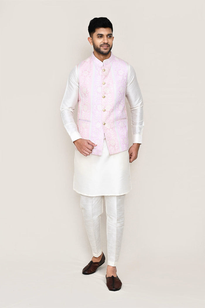 Paper White Art Silk Kurta Set With Pink Jacket