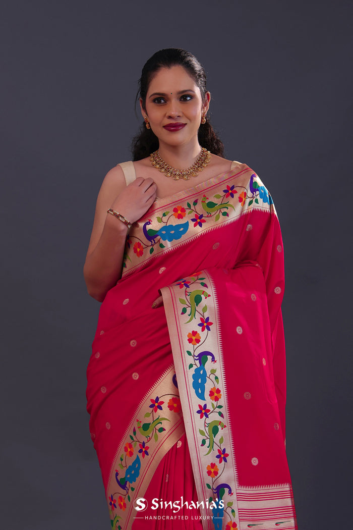 Paprika Red Paithani Saree With Floral Butti'S