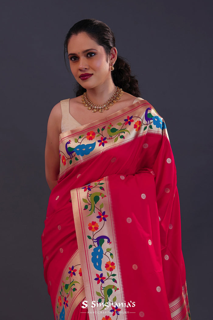 Paprika Red Paithani Saree With Floral Butti'S