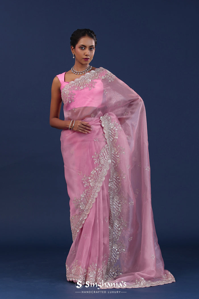 Pastel Baby Pink Organza Saree With Cutdana Work