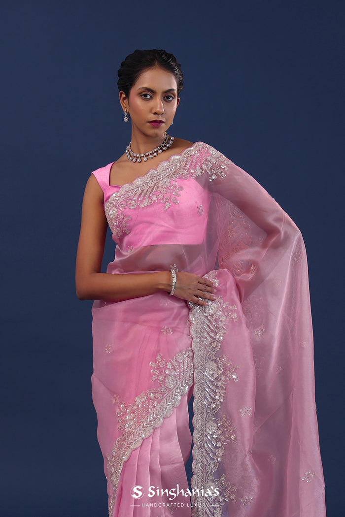 Pastel Baby Pink Organza Saree With Cutdana Work