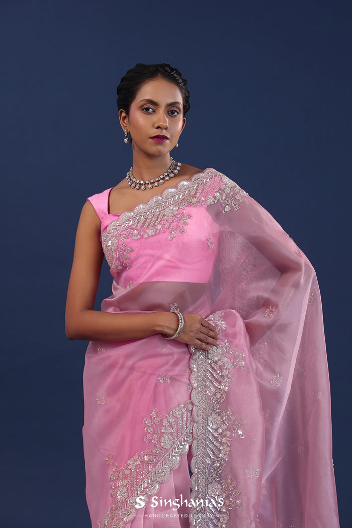 Pastel Baby Pink Organza Saree With Cutdana Work