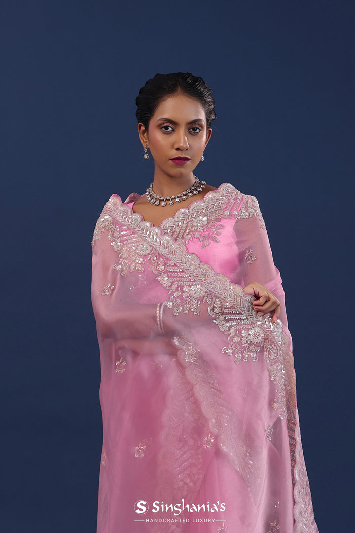 Pastel Baby Pink Organza Saree With Cutdana Work