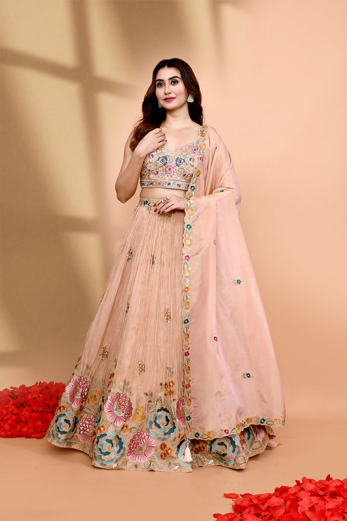Pastel Beige Chinon Georgette Floral Lehenga Set
