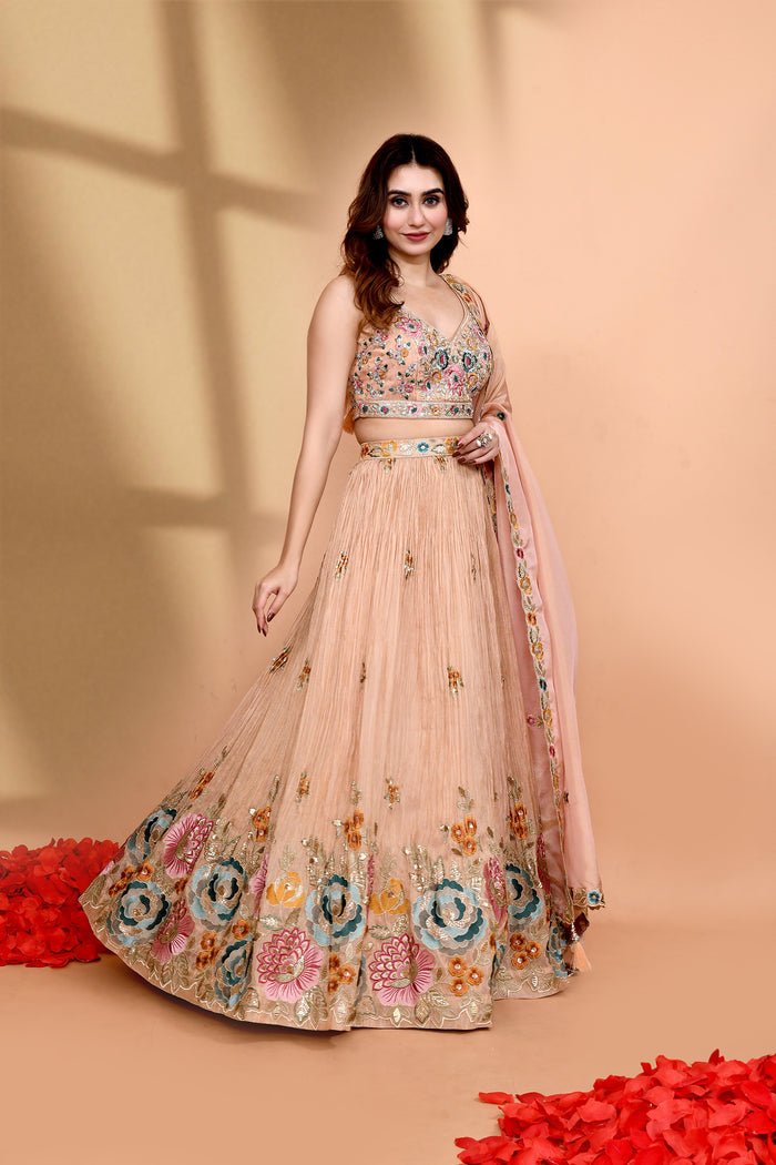 Pastel Beige Chinon Georgette Floral Lehenga Set
