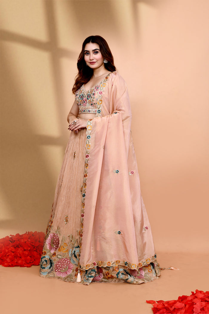 Pastel Beige Chinon Georgette Floral Lehenga Set