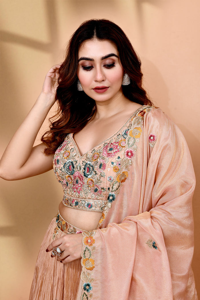 Pastel Beige Chinon Georgette Floral Lehenga Set