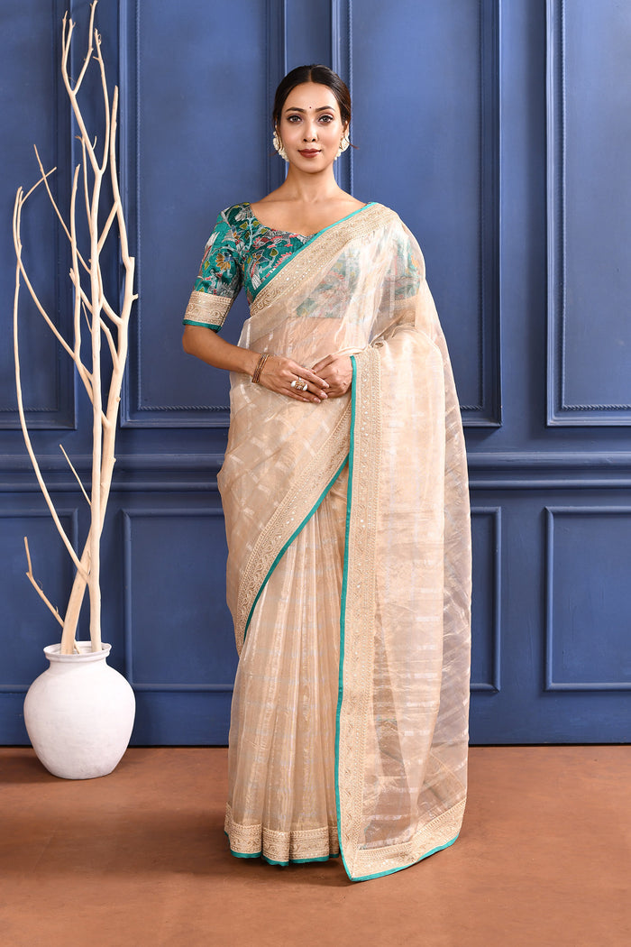 Pastel Beige Embroidered Tissue Saree