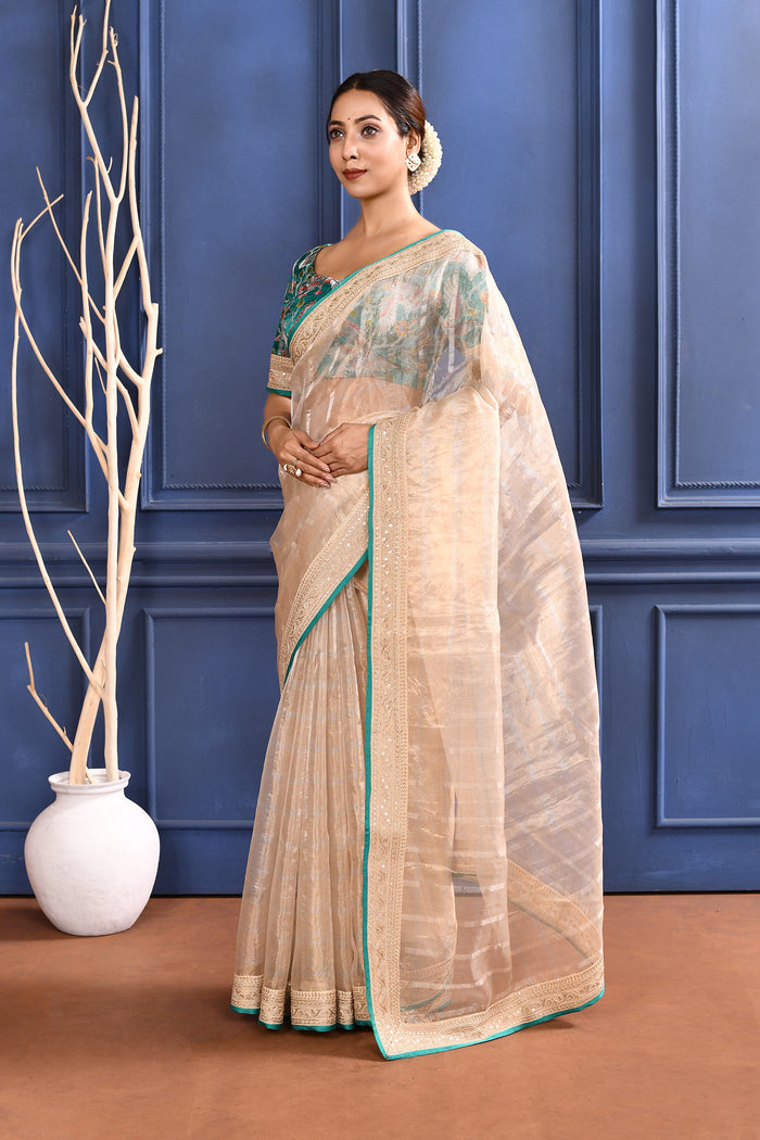 Pastel Beige Embroidered Tissue Saree