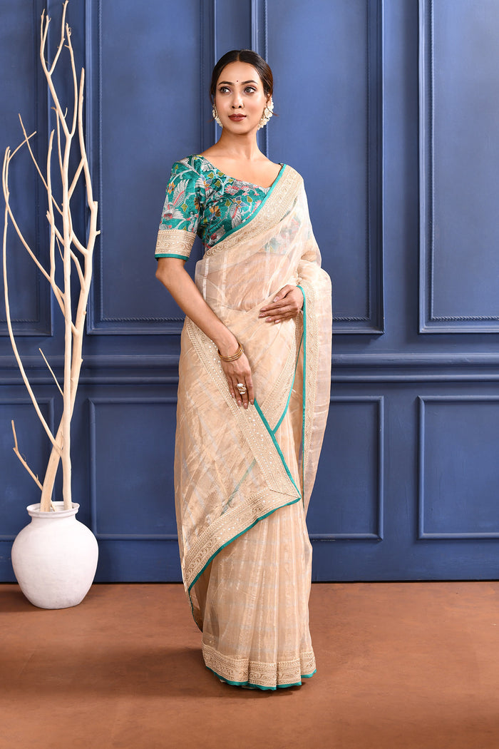 Pastel Beige Embroidered Tissue Saree