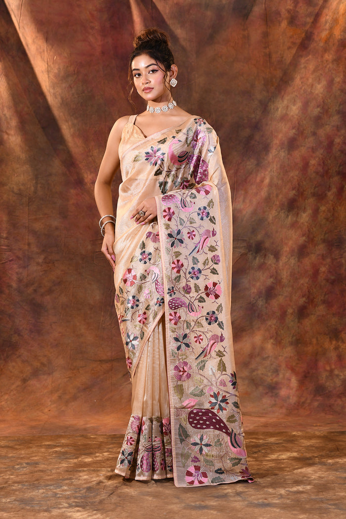 Pastel Beige Floral Tissue Silk Saree