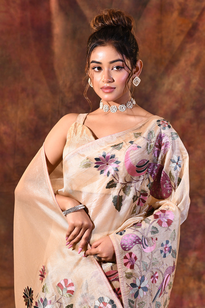 Pastel Beige Floral Tissue Silk Saree