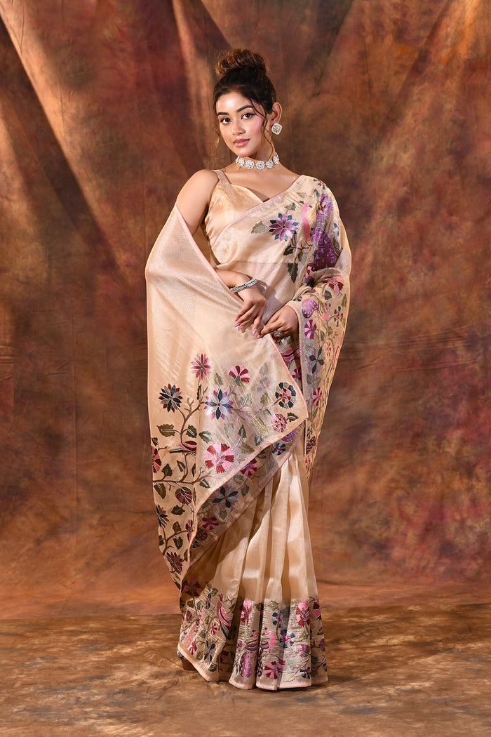 Pastel Beige Floral Tissue Silk Saree