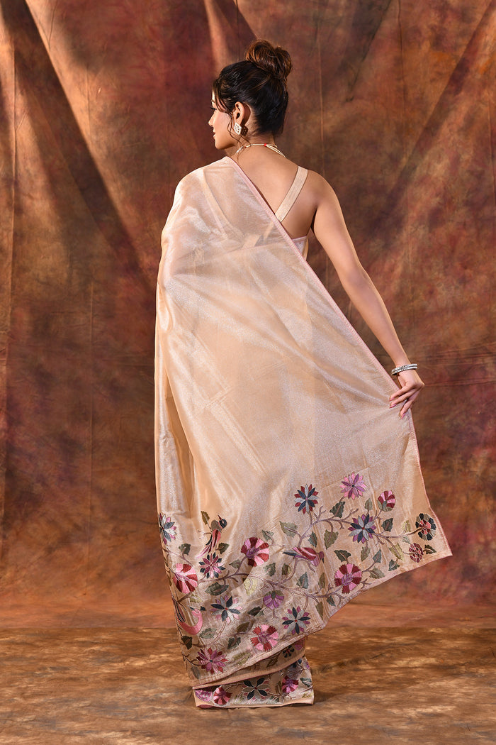 Pastel Beige Floral Tissue Silk Saree