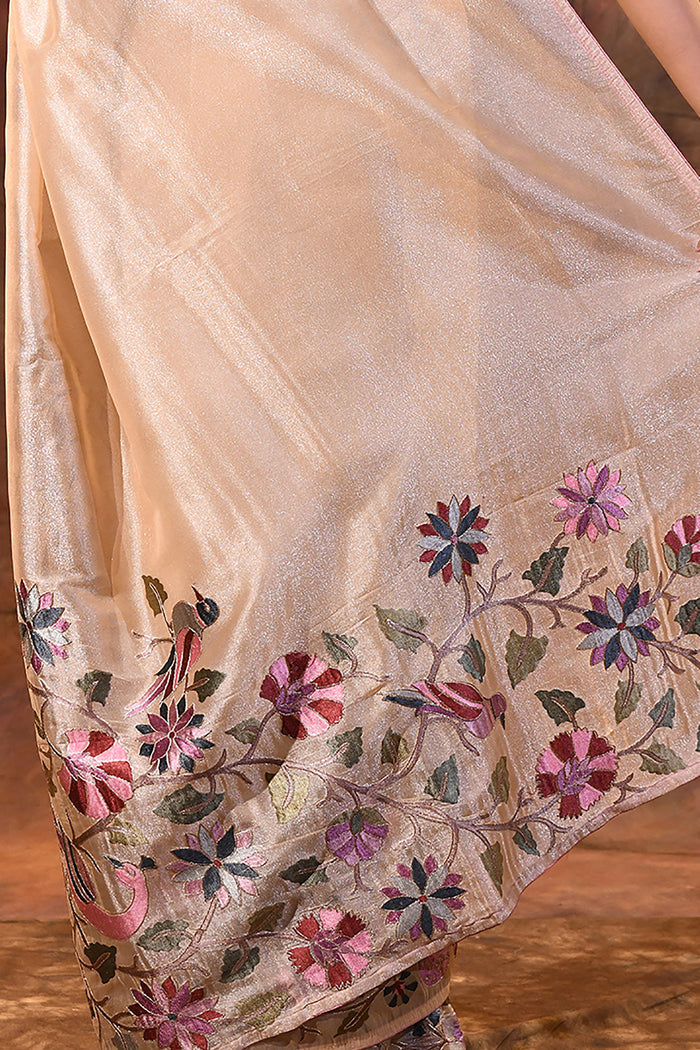 Pastel Beige Floral Tissue Silk Saree