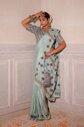 Pastel Blue Block Printed Chinon Saree