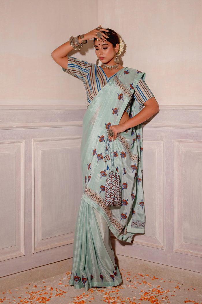 Pastel Blue Block Printed Chinon Saree